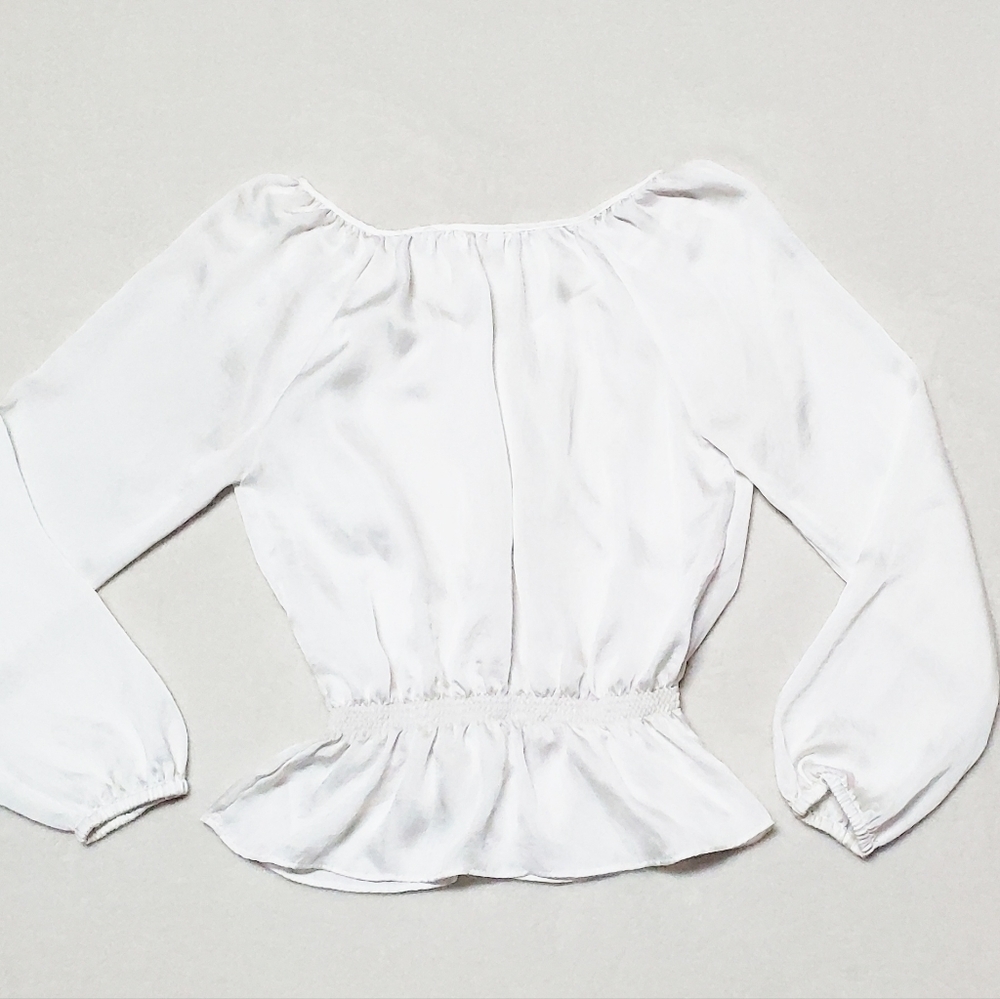 Retro Michael Kors Pearl Crinkled Satin Raglan Sleeve Smocked Waist Blouse Med - Picture 6 of 10
